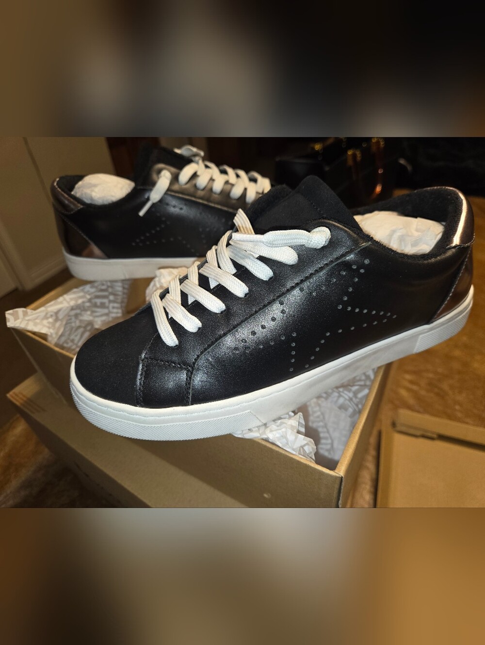 Classic Black Leather Steve Madden Sneakers with White Laces. New In Box.